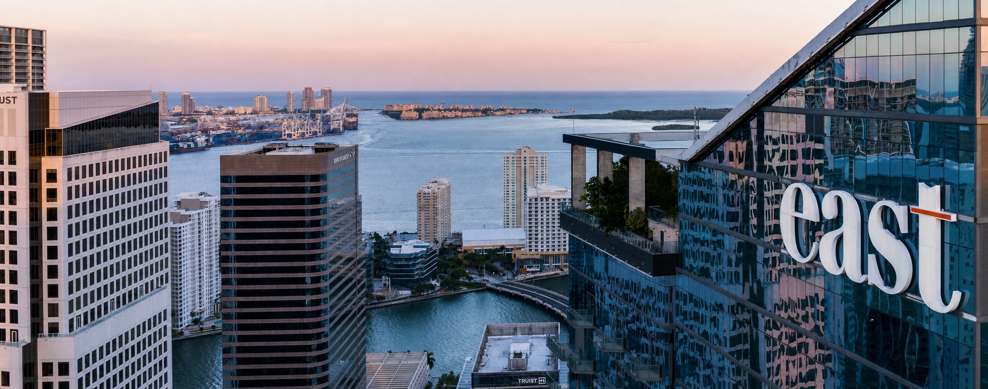 EAST Miami Hotel exterior at dusk overlooking Biscayne Bay